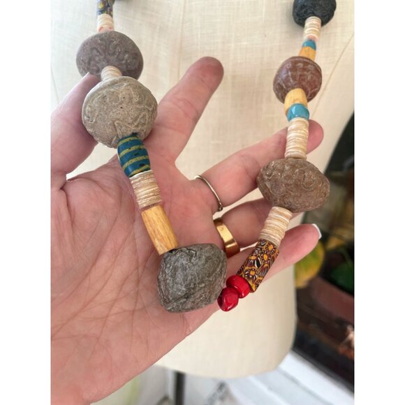 Vintage African Trade Bead Necklace HUGE Clay Beads millefiori Glass Sterling Cl - Picture 8 of 16